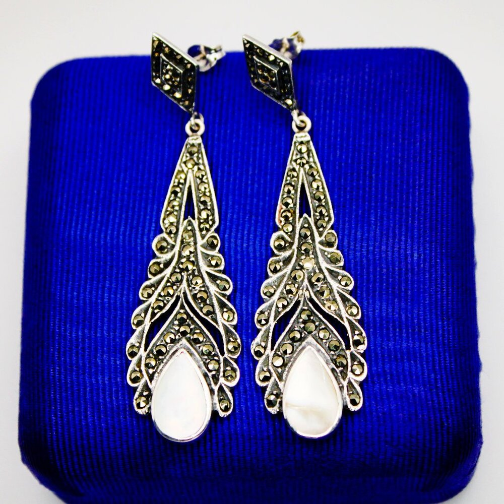 925 Sterling Silver Mother of Pearl Marcasite Vintage Dangle Drop Earrings